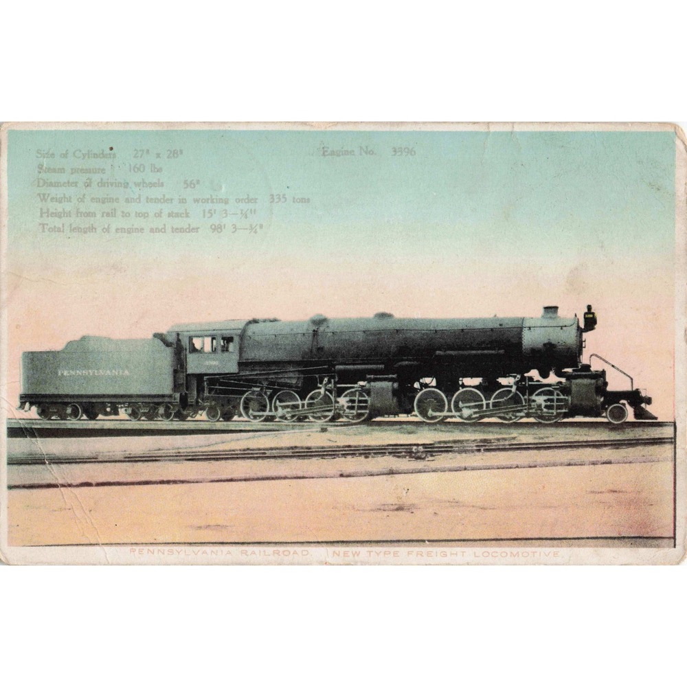 Pennsylvania Railroad PRR Freight Steam Locomotive Engine 3396 Postcard 1912 RPO